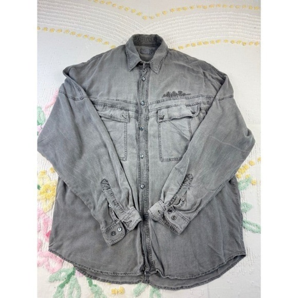 Vintage LOU Charcoal Grey Rayon Button Down Shirt Mens Medium Long Sleeve Faded